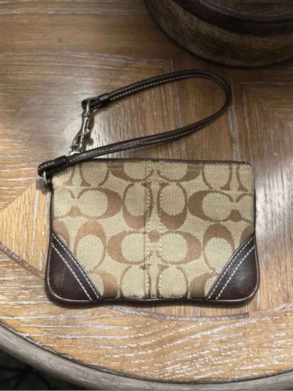 Coach Tan and Brown Signature Canvas Wristlet with Leather Trim